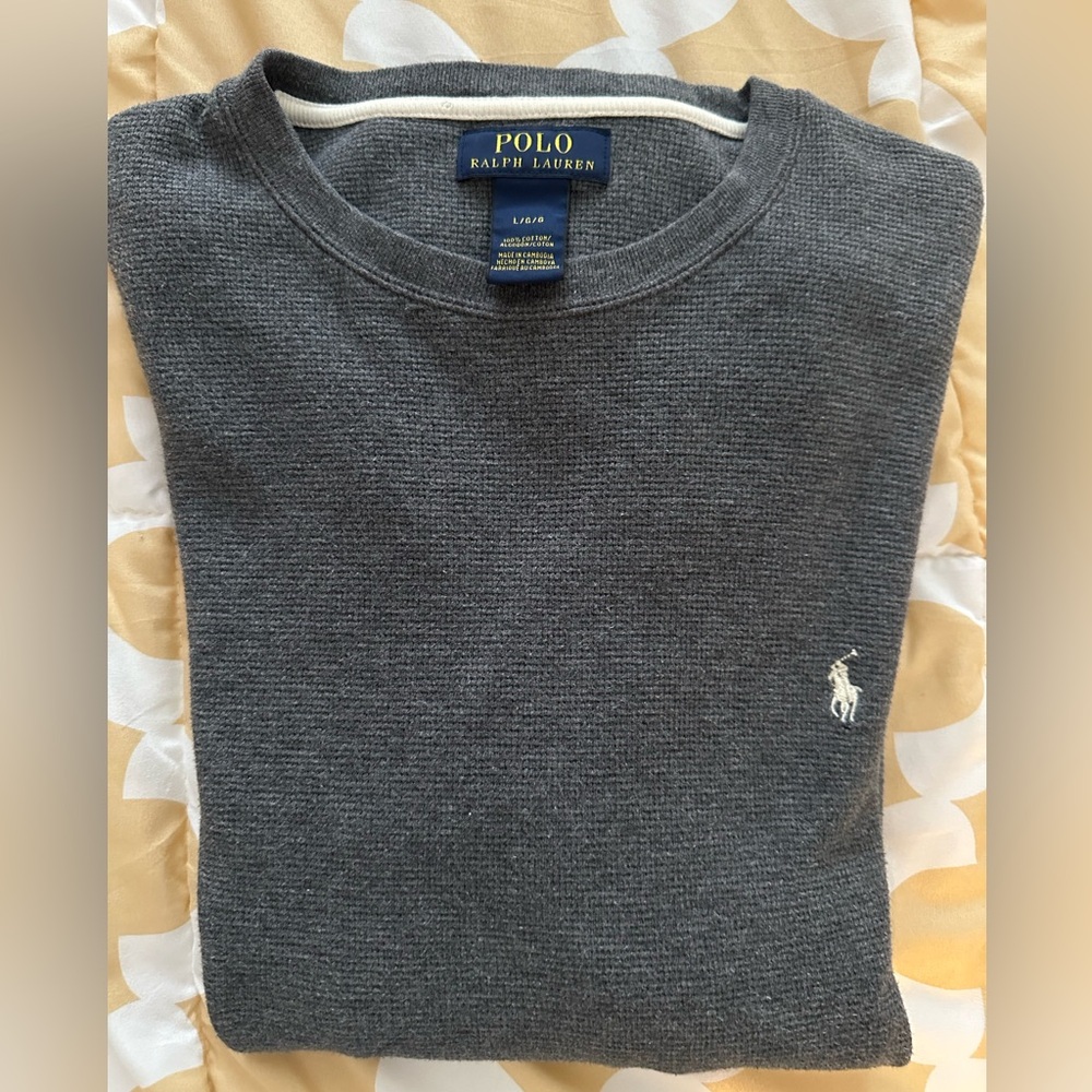 Polo Ralph Lauren Men Large Grey Sweater Shirt Light Waffle Knit